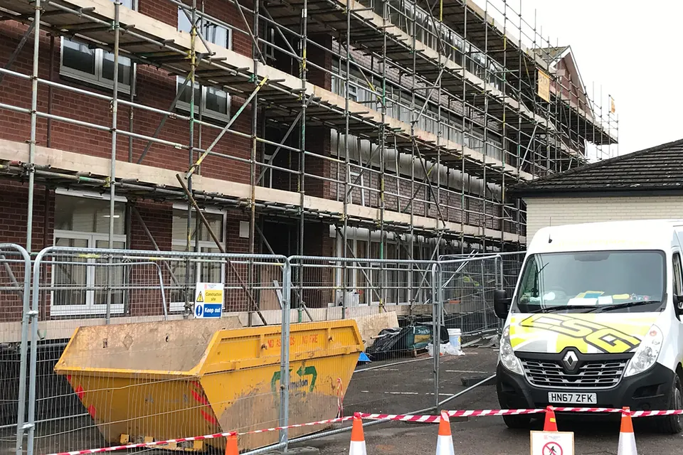 Commercial window replacement on a block of flats under scaffold